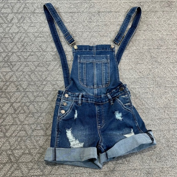 Kancan Distressed Denim Overalls Shorts Dark Wash Cuffed S - Picture 1 of 4